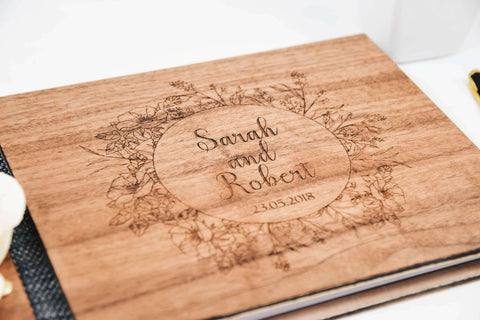Flower Wreath Walnut Wood Wedding Guestbook
