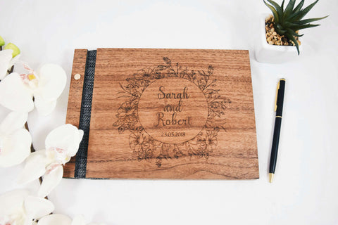 Flower Wreath Walnut Wood Wedding Guestbook