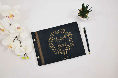Laurel wreath gold engraved wood guest book